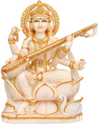 Saraswati Playing the Veena : Un Ritratto di Divinità Immersi in Armonie Celeste!